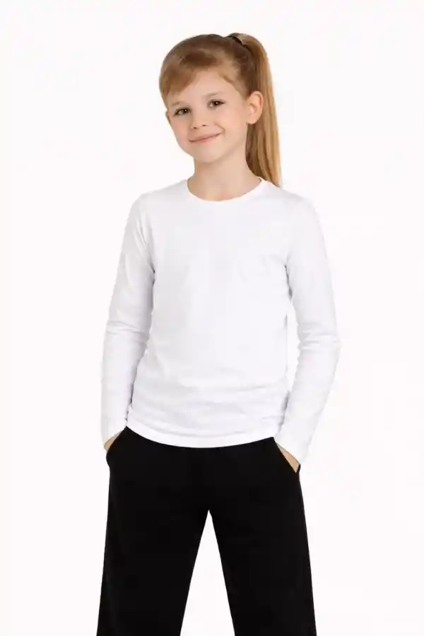 Kız Çocuk Basic Uzun Kollu Tişört Okul Günlük Rahat T-Shirt - Beyaz
