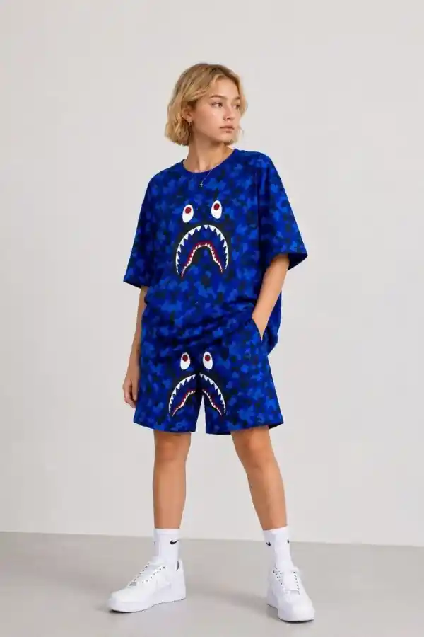 Kız Çocuk Oversize Kalıp Pubg Bape X Shark Nakışlı Cepli Şort Takım - Mavi