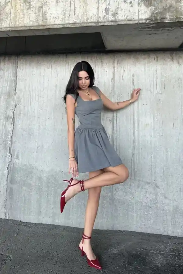 Kolsuz Mini Elbise- Gri