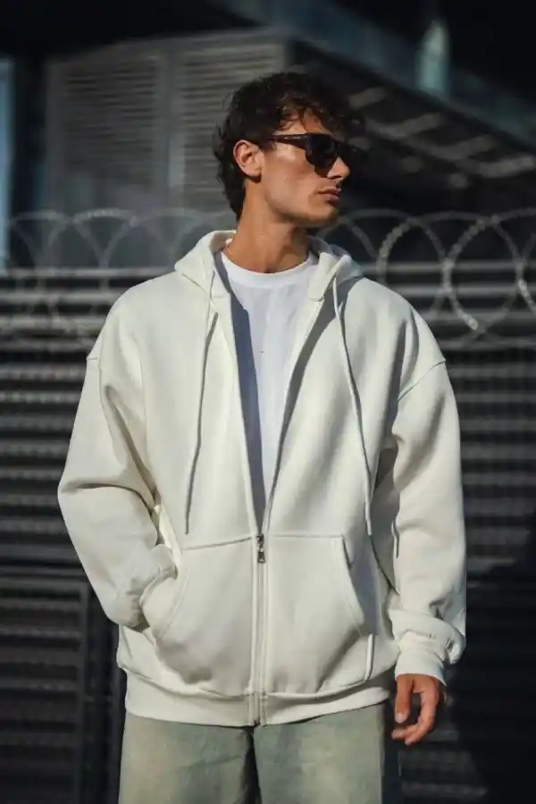 Erkek Tam Fermuarlı Cepli Kapüşonlu 3 iplik pamuklu hoodie Sweatshirt - Beyaz