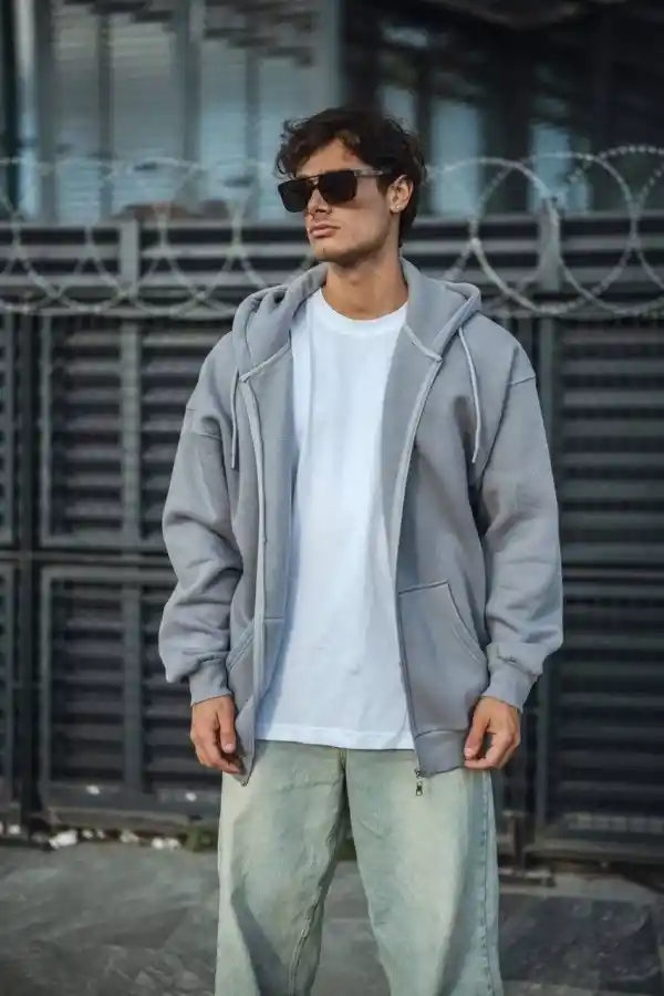 Erkek Tam Fermuarlı Cepli Kapüşonlu 3 iplik pamuklu hoodie Sweatshirt - Gri