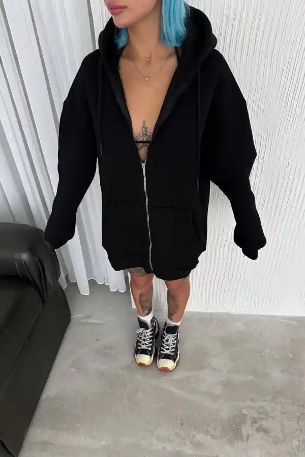 Kadın Tam Fermuarlı Cepli Kapüşonlu 3 iplik pamuklu hoodie Sweatshirt - Siyah