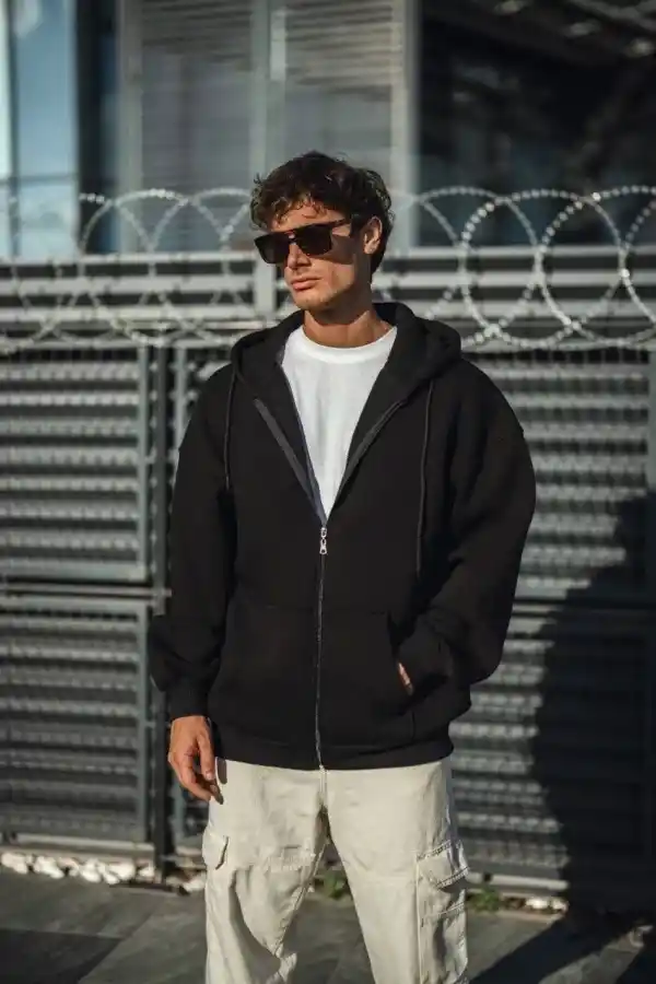 Erkek Tam Fermuarlı Cepli Kapüşonlu 3 iplik pamuklu hoodie Sweatshirt - Siyah