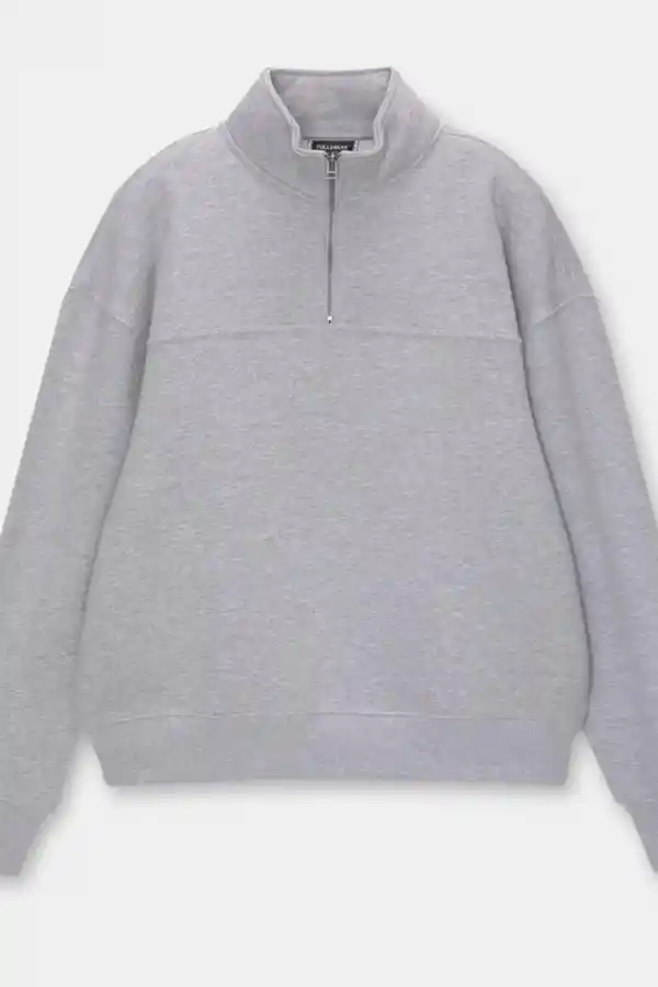 Kadın 3 İplik Pamuklu Oversize Yarım Fermuarlı Yakalı Basic Sweatshirt - Gri
