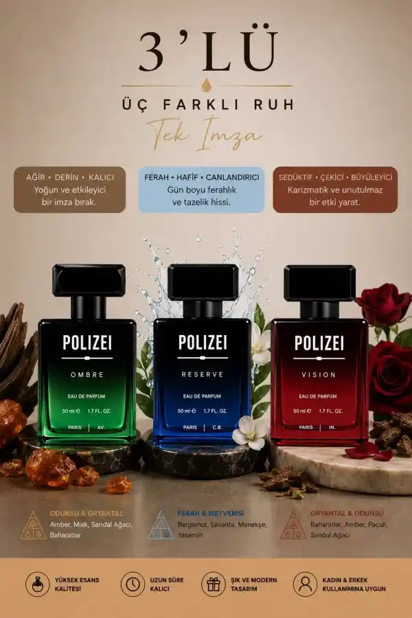 Polizei 3Lü Erkek Parfüm EDP 50 ML Kalıcı Odunsu ve Fresh kokular