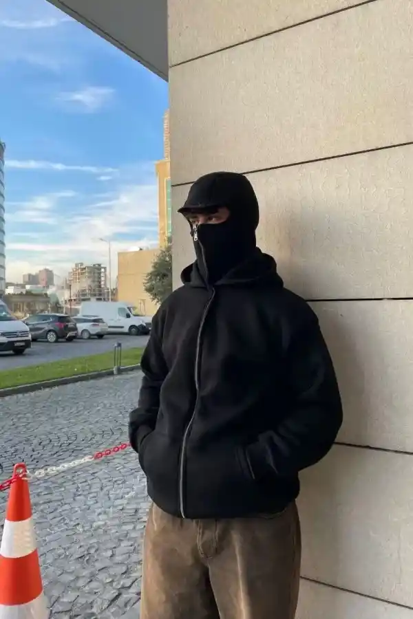 Samuray Ninja Çift Kapşonlu ZIP Fermuarlı Kanguru Çepli Tam Fermuarlı Hoodie Swetshirt - Siyah