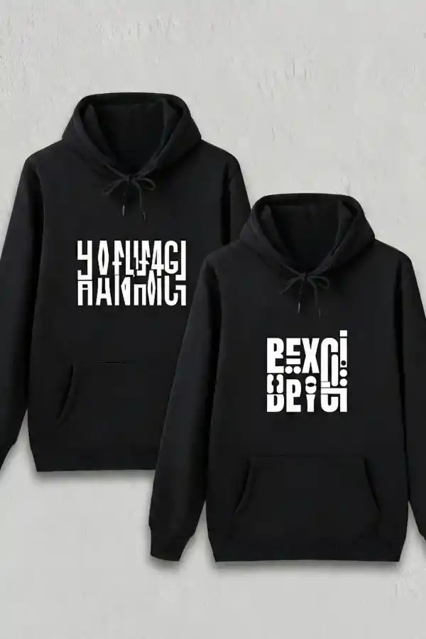 Sevgililer Günü Beyci Hediye Baskılı Oversize Kapüşonlu Sweatshirt - Siyah