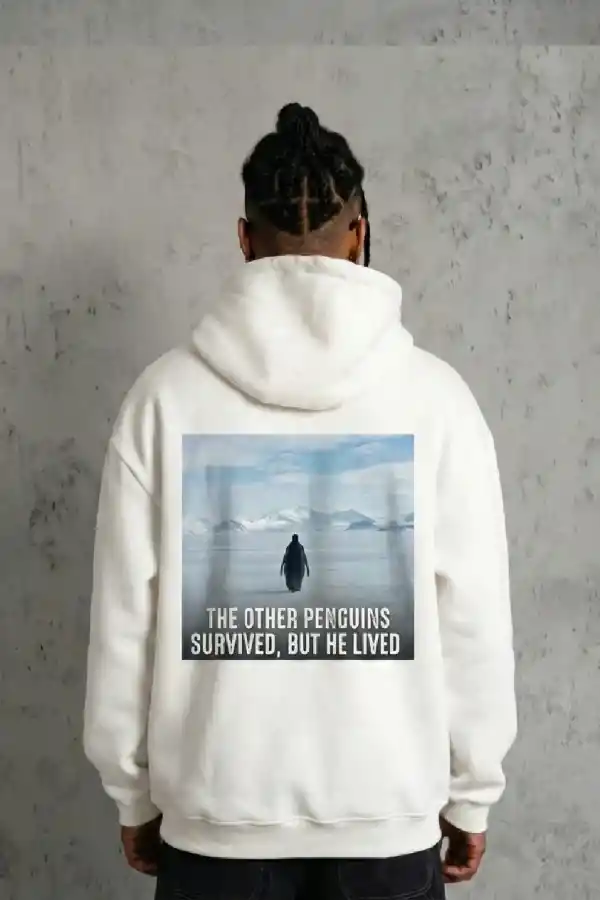 Erkek Survivor Penguin Baskılı 3 İplik Pamuklu Kapüşonlu Sweatshirt Hoodie Beyaz