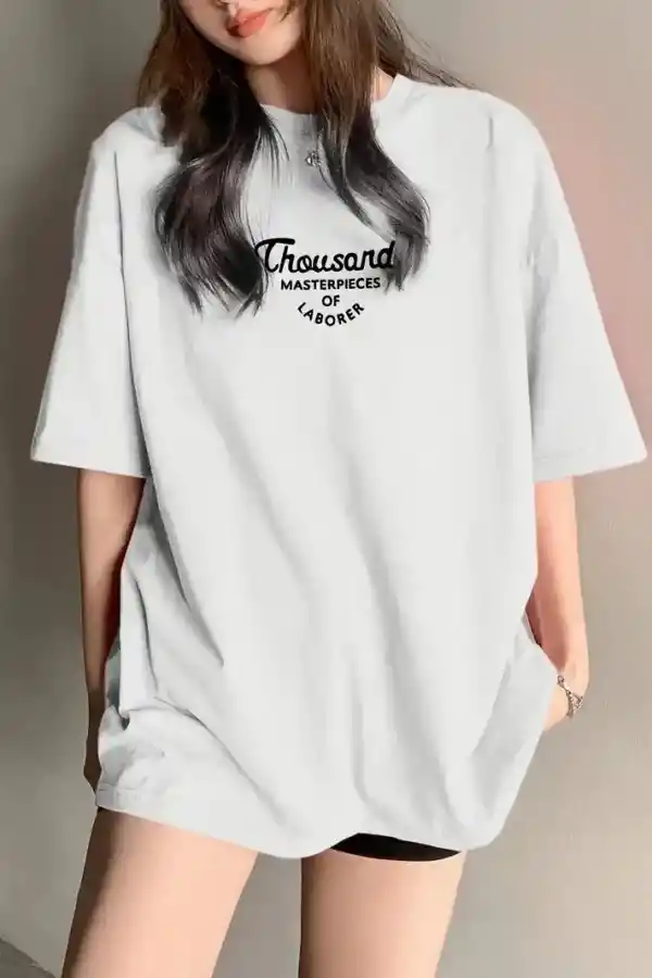 Kadın Baskılı Tişört Bisiklet yaka yazlık Kısa Kol oversize t-shirt - Beyaz