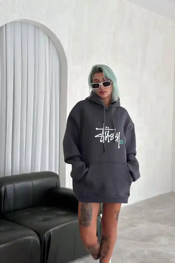Kadın Oversize Kapüşonlu Cepli Baskılı 3 İplik Pamuklu Hoodie Sweatshirt - Füme