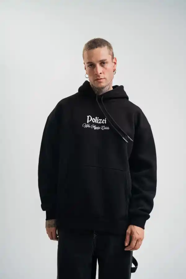 Erkek 3 İplik Pamuklu Kapüşonlu Baskılı Cepli Oversize Sweatshirt Hoodie - Siyah