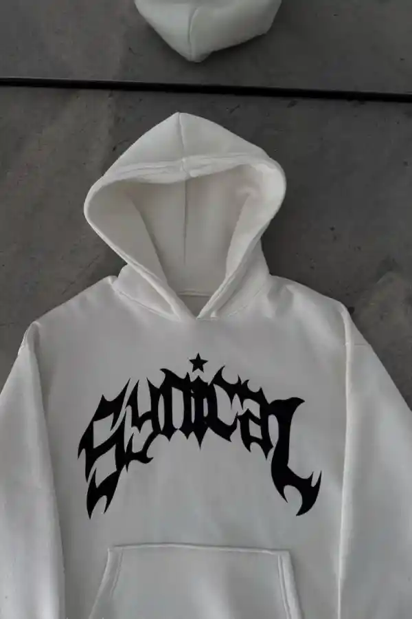 Kadın Kapüşonlu Kanguru Cepli Sweatshirt 3 İplik Pamuklu Baskılı Hoodie -  Beyaz