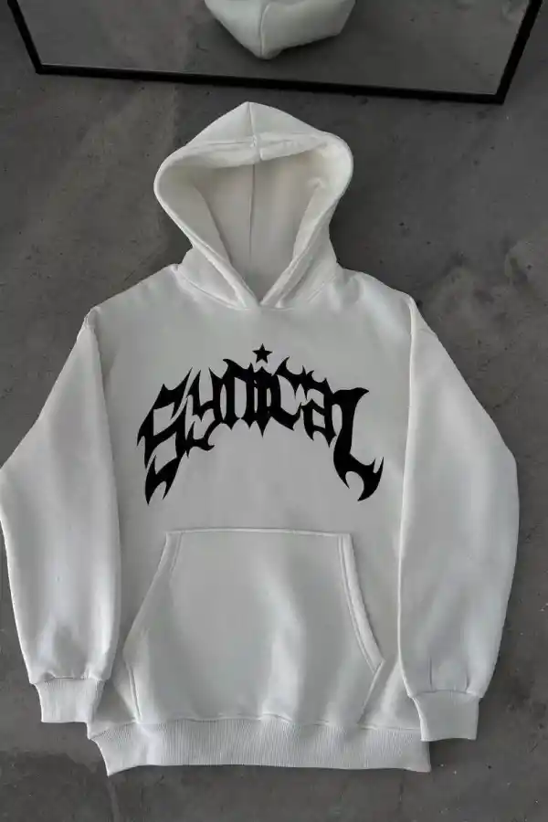 Kadın Kapüşonlu Kanguru Cepli Sweatshirt 3 İplik Pamuklu Baskılı Hoodie -  Beyaz