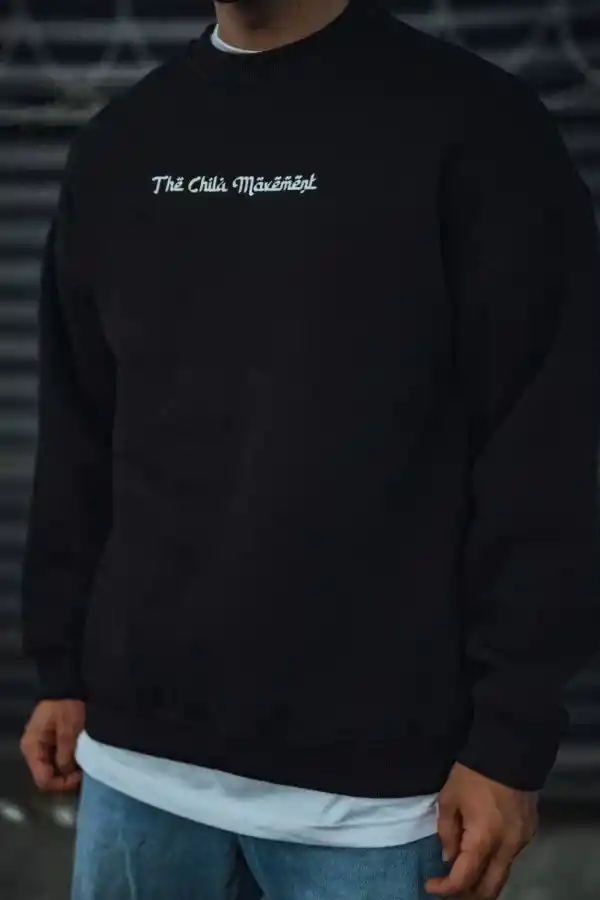 Erkek 3 iplik Pamuklu Bisiklet Yaka Baskılı SweatShirt - Siyah