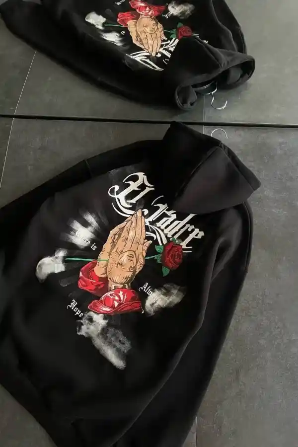 Kadın Oversize Kapüşonlu Cepli Baskılı 3 İplik Pamuklu Hoodie Sweatshirt - Siyah