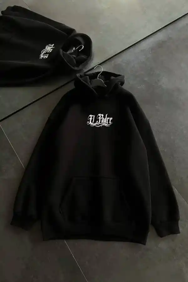 Kadın Oversize Kapüşonlu Cepli Baskılı 3 İplik Pamuklu Hoodie Sweatshirt - Siyah
