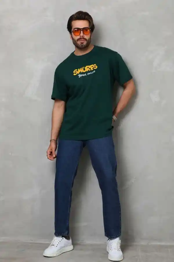 Erkek Kısa Kol Yazlık Tişört Bisiklet Yaka Baskılı Oversize T-Shirt - Yeşil