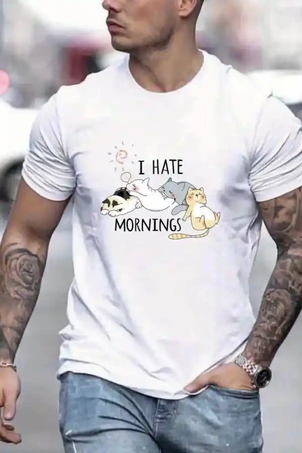 Erkek Baskılı T-Shirt Kısa Kol Bisiklet Yaka Regular Fit Rahat Kalıp Günlük Tişört - Beyaz