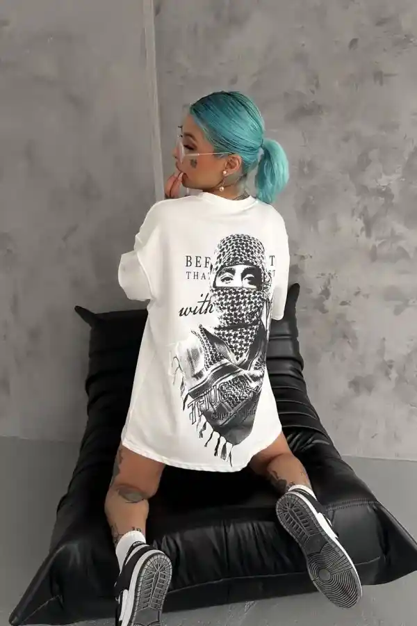 Kadın Kısa Kol Tişört Bisiklet Yaka Filistin Poşülü Baskılı T-Shirt - Beyaz