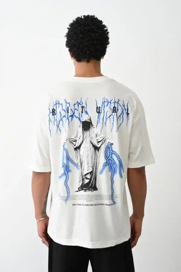 Erkek Kısa Kol Yazlık Tişört Bisiklet Yaka Baskılı Oversize T-Shirt -  Beyaz