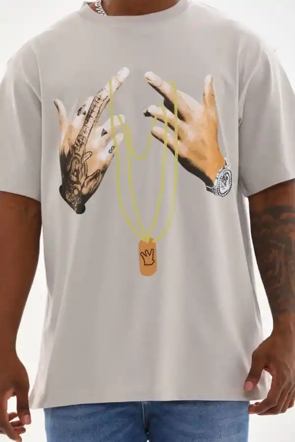 Erkek Baskılı T-Shirt Kısa Kol Bisiklet Yaka Rahat Kalıp Tişört - Gri