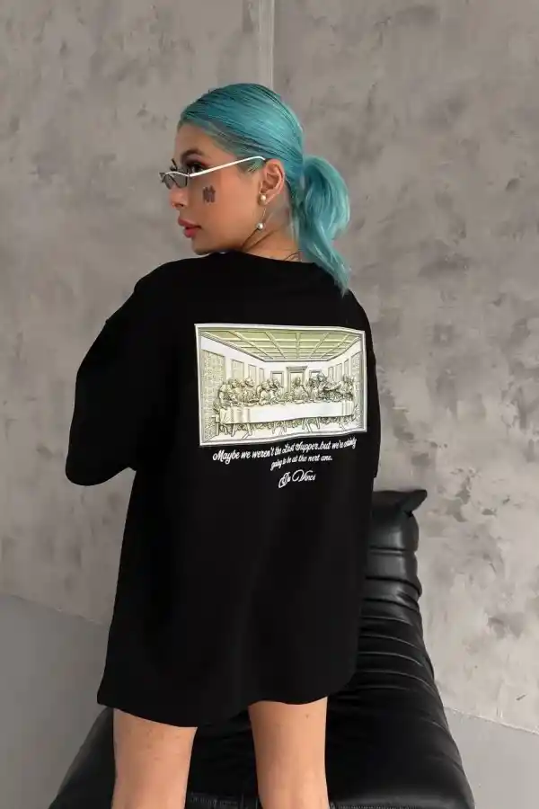 Kadın Baskılı T-Shirt Kısa Kol Bisiklet Yaka Oversize Rahat Kalıp Günlük Tişört - Siyah