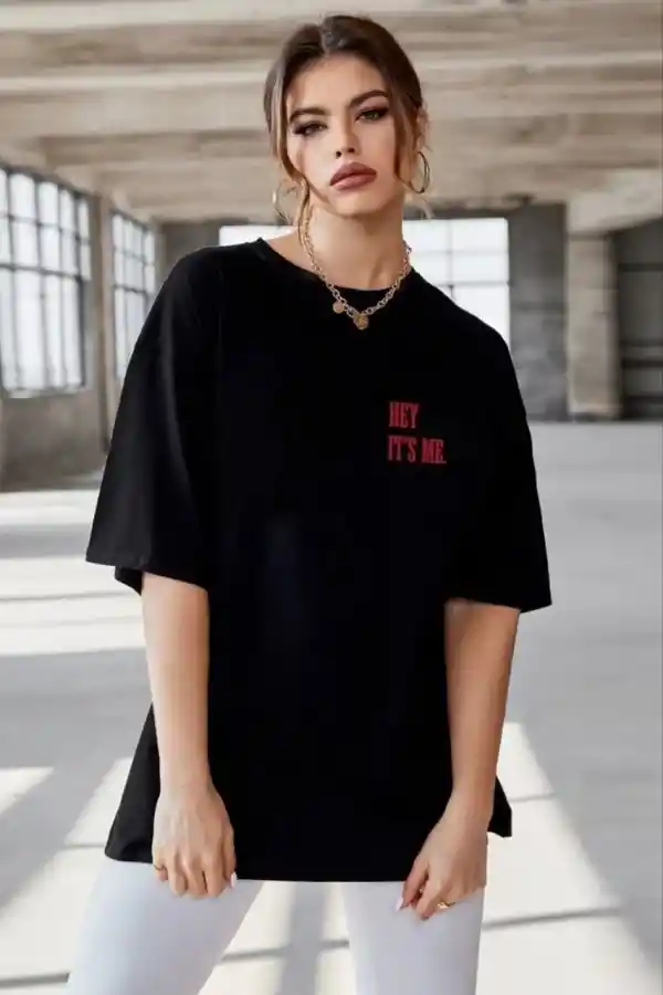 Kadın Baskılı T-Shirt Kısa Kol Bisiklet Yaka Oversize Rahat Kalıp Tişört - Siyah