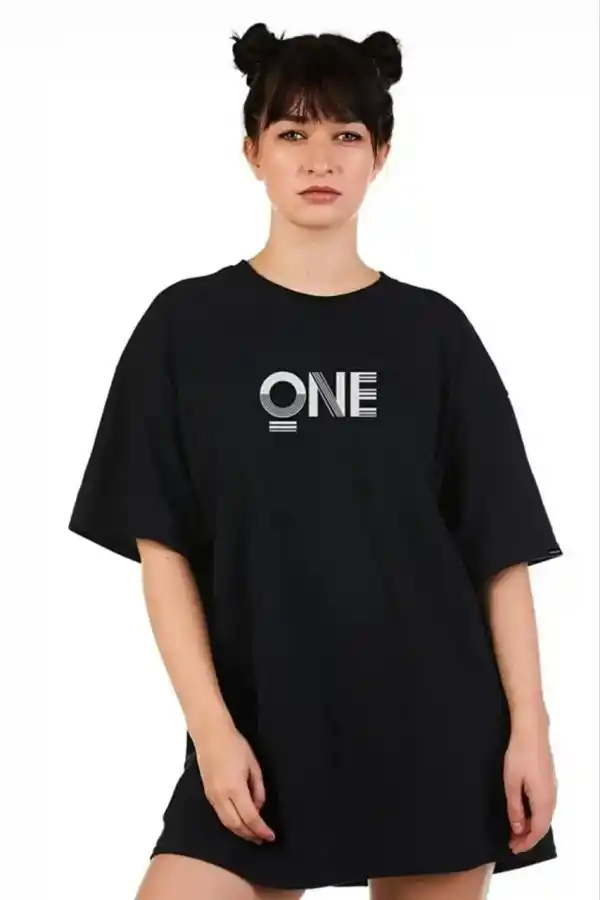 Kadın Baskılı T-Shirt Kısa Kol Bisiklet Yaka Oversize Rahat Kalıp Tişört - Siyah