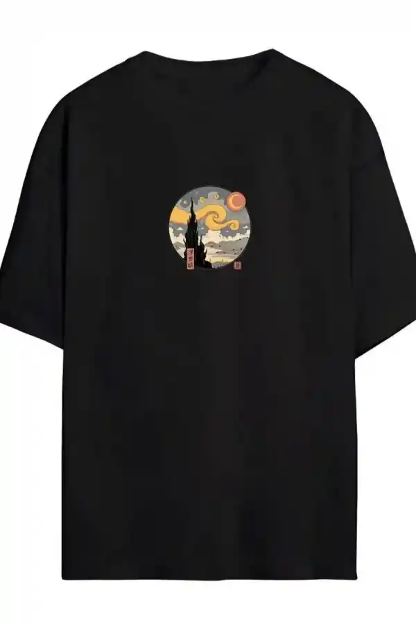 Kadın Baskılı T-Shirt Kısa Kol Bisiklet Yaka Oversize Rahat Kalıp Tişört - Siyah