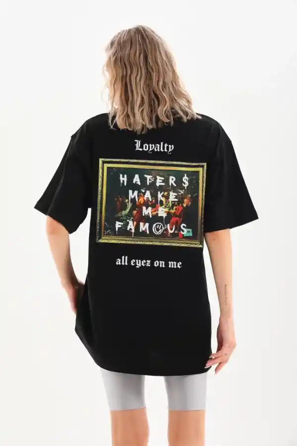 Kadın Kısa Kol Yazlık Tişört Bisiklet Yaka Baskılı Oversize T-Shirt - Siyah