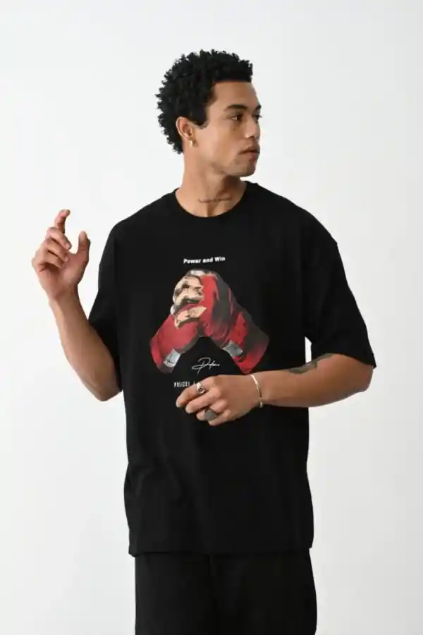 Erkek Boxy Eldiven Baskılı T-Shirt Kısa Kol Bisiklet Yaka Tişört - Siyah