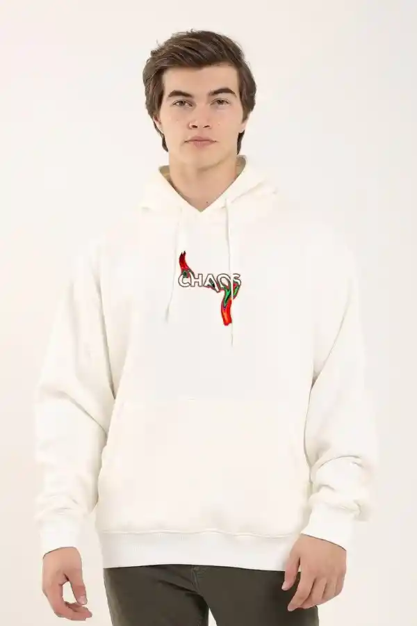 Erkek 3 İplik Pamuklu Kapüşonlu Baskılı Cepli Oversize Sweatshirt Hoodie - Beyaz