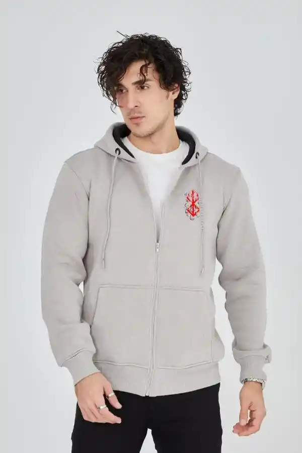 Erkek 3 İplik Pamuklu Kapüşonlu Tam Fermuarlı Cepli Hoodie Sweatshirt - Boyalı Gri