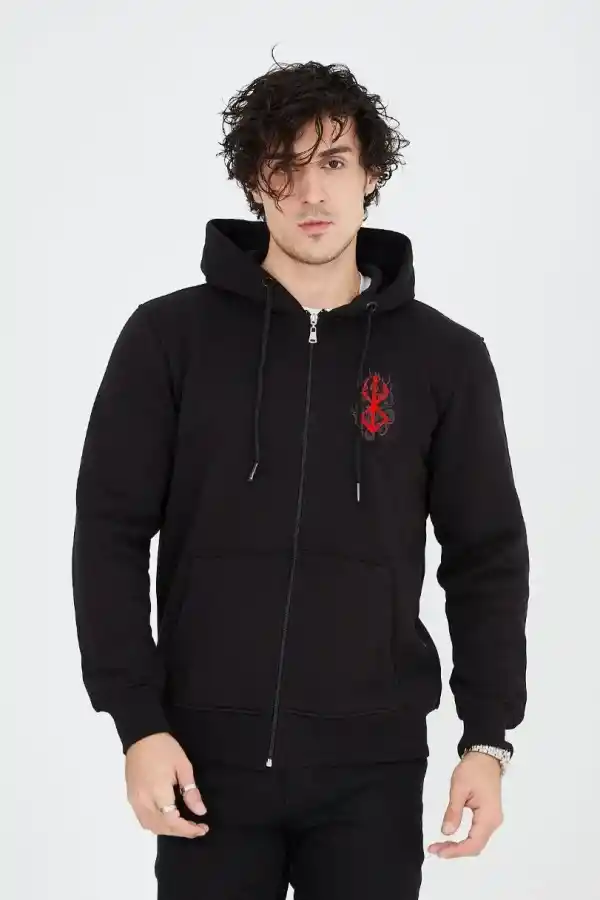 Erkek 3 İplik Pamuklu Kapüşonlu Tam Fermuarlı Cepli Hoodie Sweatshirt - Siyah