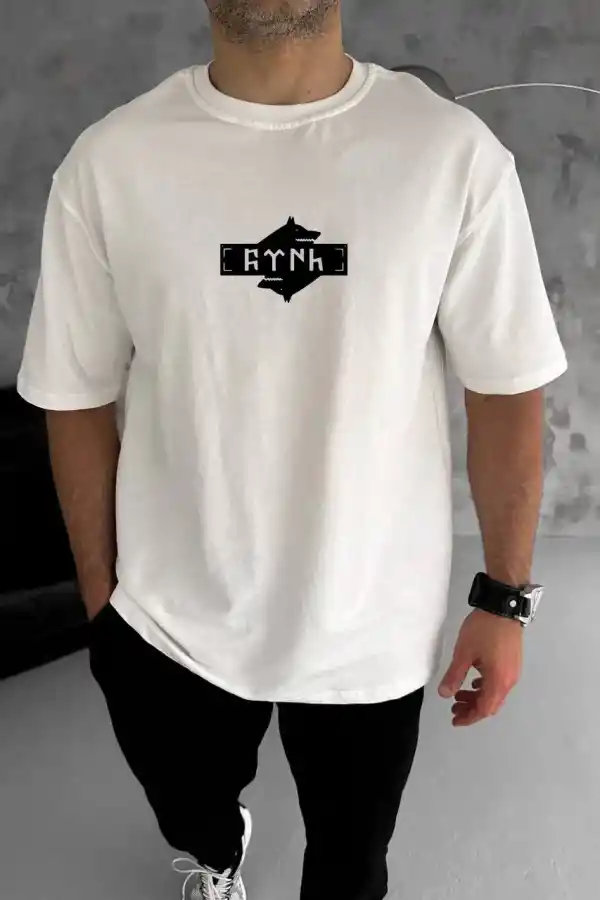 Erkek Kısa Kol Yazlık Tişört Bisiklet Yaka Baskılı Oversize T-Shirt - Beyaz
