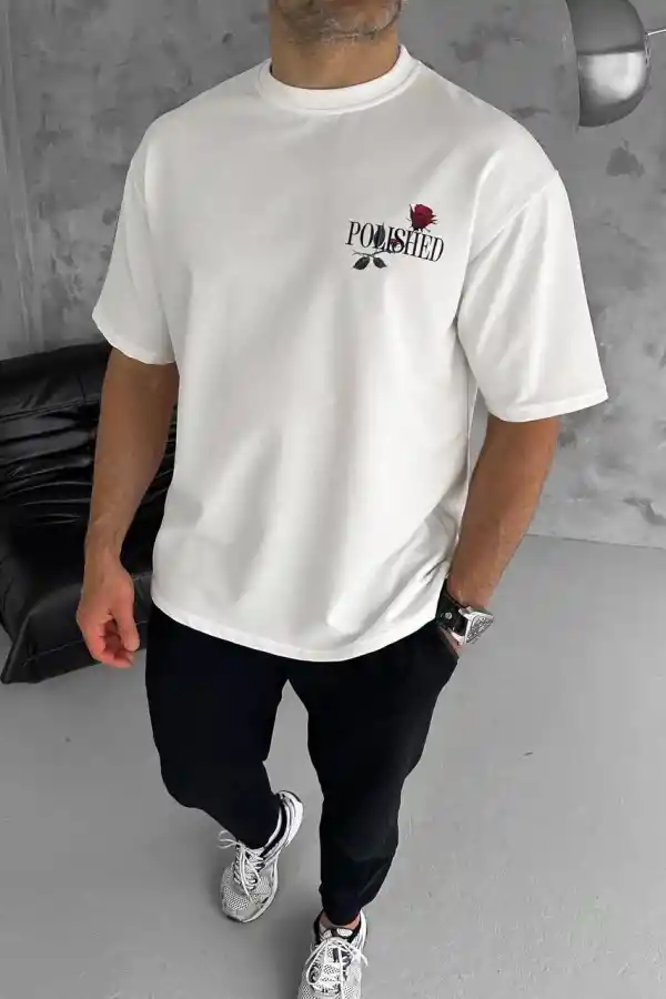 Erkek Kısa Kol Yazlık Tişört Bisiklet Yaka Baskılı Oversize T-Shirt - Beyaz