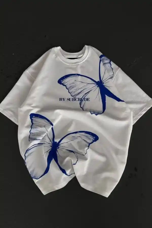 kadın  Bisiklet Yaka Baskılı Oversize T-Shirt - Beyaz