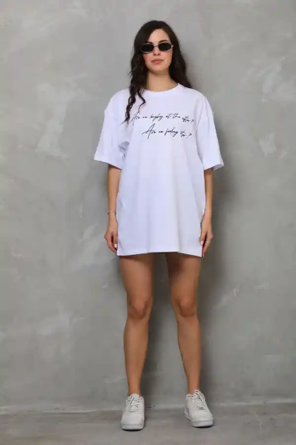 Kadın Kısa Kol Yazlık Tişört Bisiklet Yaka Baskılı Oversize T-Shirt - Beyaz