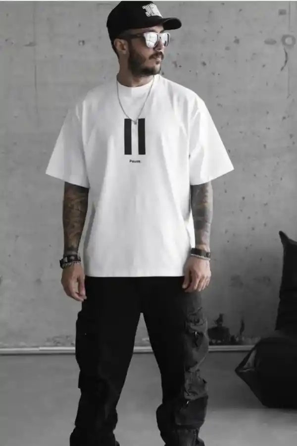 Erkek Kısa Kol Yazlık Tişört Bisiklet Yaka Baskılı Oversize T-Shirt - Beyaz