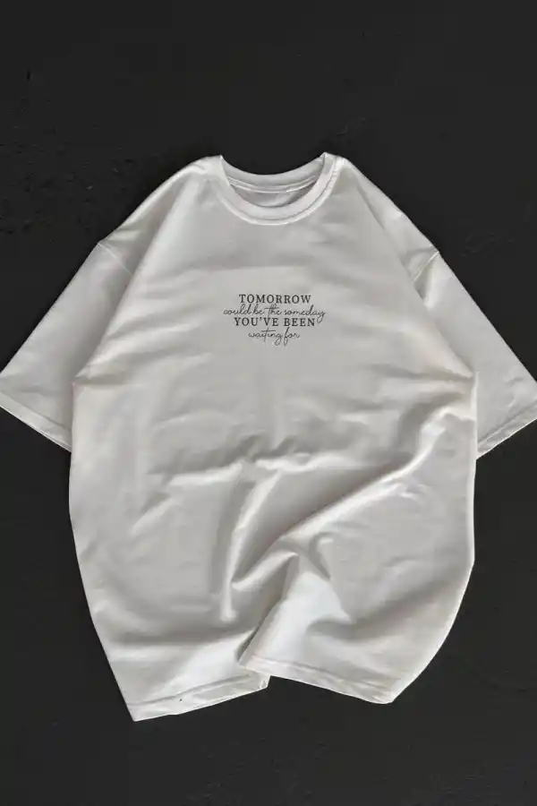 Kadın Baskılı T-Shirt Kısa Kol Bisiklet Yaka Oversize Rahat Kalıp Günlük Tişört   - Beyaz