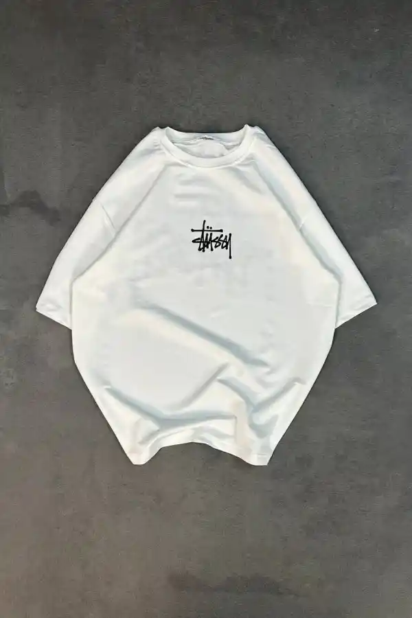kadın Bisiklet Yaka Baskılı Oversize  Kısa kol T-Shirt - Beyaz