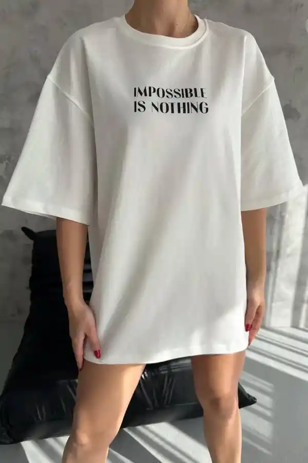 kadın Bisiklet Yaka Baskılı Oversize  Kısa kol T-Shirt - Beyaz