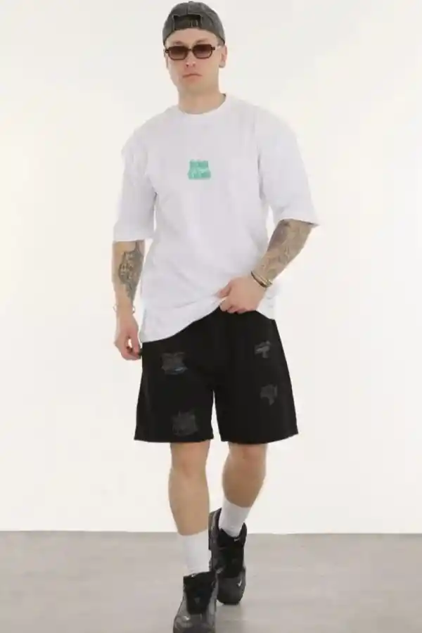 Erkek Kısa Kol Yazlık Tişört Bisiklet Yaka Baskılı Oversize T-Shirt - Beyaz