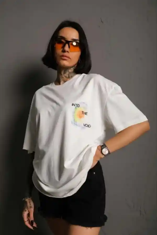kadın Bisiklet Yaka Baskılı Oversize Kısa kol T-Shirt - Beyaz
