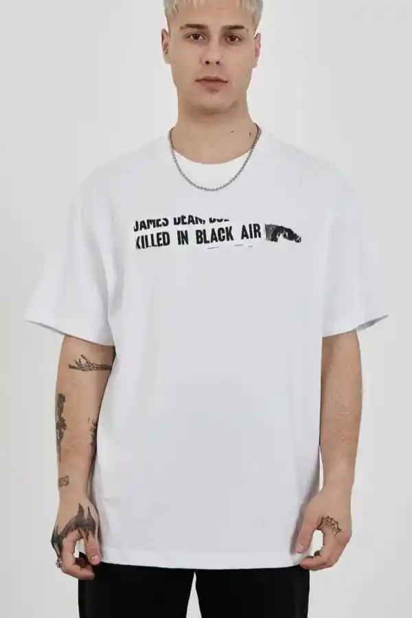 Erkek Kısa Kol Yazlık Tişört Bisiklet Yaka Baskılı Oversize T-Shirt - Beyaz