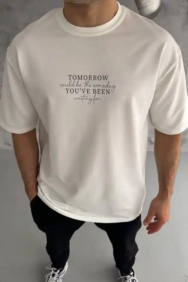 Erkek Kısa Kol Yazlık Tişört Bisiklet Yaka Baskılı Oversize T-Shirt - Beyaz