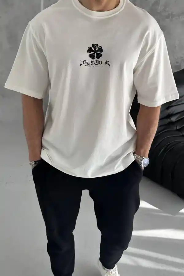 Erkek Kısa Kol Tişört Bisiklet Yaka YONCA Baskılı Oversize T-Shirt -  Beyaz