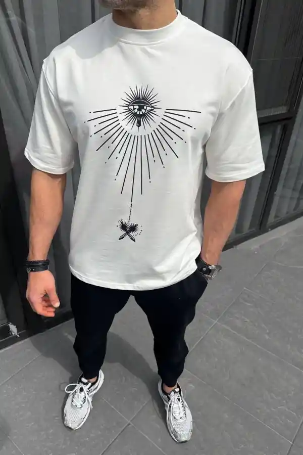 Erkek Kısa Kol Tişört Bisiklet Yaka GÜL Baskılı Oversize T-Shirt - Beyaz