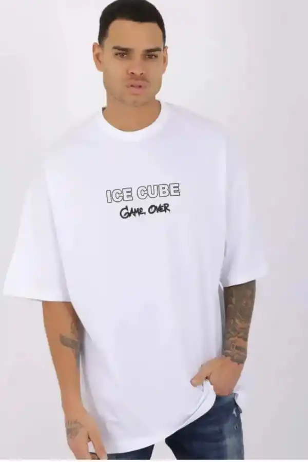 Erkek Kısa Kol Yazlık Tişört Bisiklet Yaka Baskılı Oversize T-Shirt - Beyaz