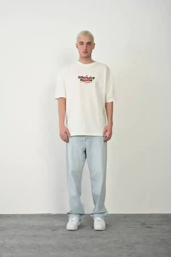 Erkek Kısa Kol Yazlık Tişört Bisiklet Yaka Baskılı Oversize T-Shirt - Beyaz